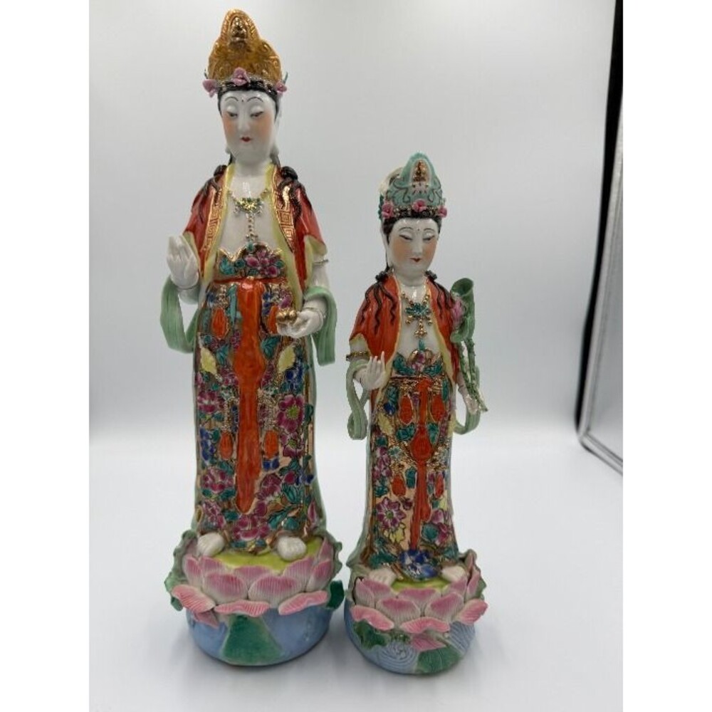 Pair Antique Chinese Porcelain Figures of Kwan Yin and Bodhisattva- Famille Rose